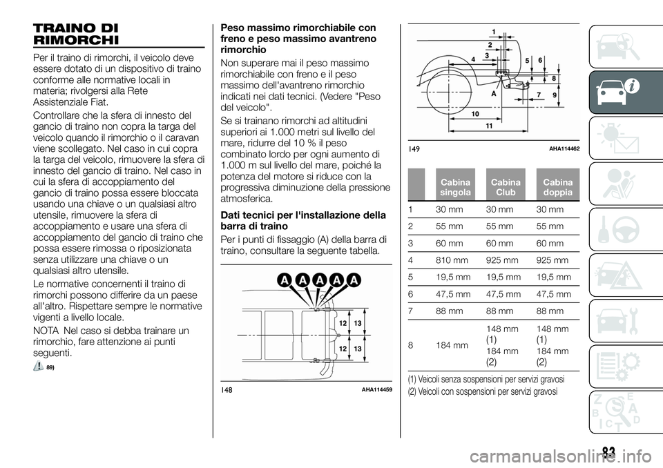 FIAT FULLBACK 2018  Libretto Uso Manutenzione (in Italian) TRAINO DI
RIMORCHI
Per il traino di rimorchi, il veicolo deve
essere dotato di un dispositivo di traino
conforme alle normative locali in
materia; rivolgersi alla Rete
Assistenziale Fiat.
Controllare 