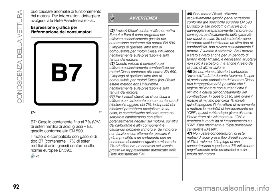 FIAT FULLBACK 2018  Libretto Uso Manutenzione (in Italian) può causare anomalie di funzionamento
del motore. Per informazioni dettagliate
rivolgersi alla Rete Assistenziale Fiat.
Espressione grafica per
l'informazione dei consumatori
B7: Gasolio contenen