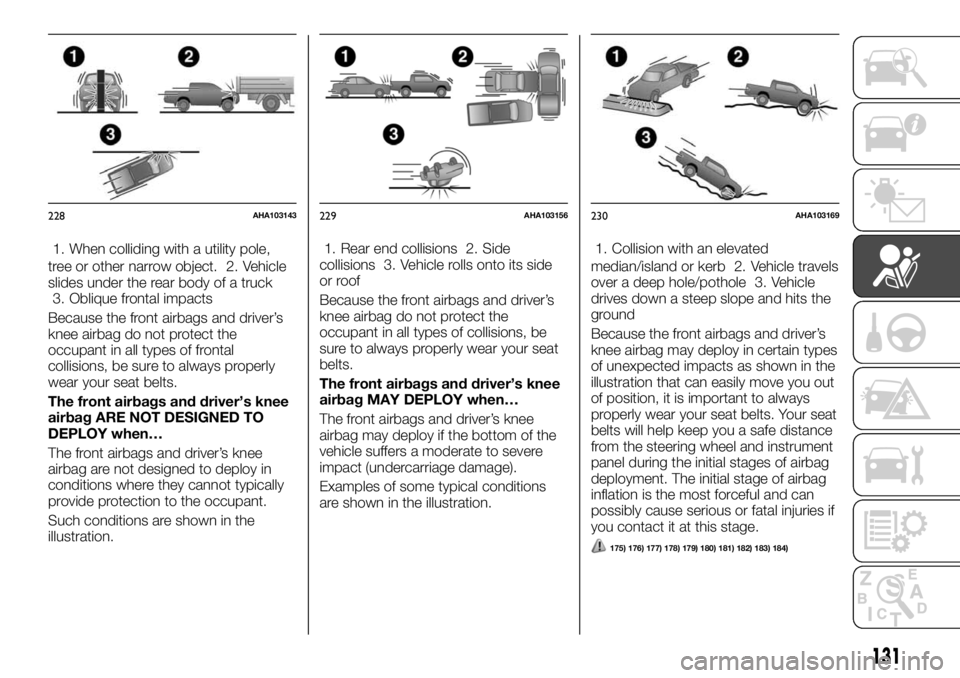 FIAT FULLBACK 2017 Owner handbook (in English) 1. When colliding with a utility pole,
tree or other narrow object. 2. Vehicle
slides under the rear body of a truck
3. Oblique frontal impacts
Because the front airbags and driver’s
knee airbag do FIAT FULLBACK 2017 Owner handbook (in English) 1. When colliding with a utility pole,
tree or other narrow object. 2. Vehicle
slides under the rear body of a truck
3. Oblique frontal impacts
Because the front airbags and driver’s
knee airbag do