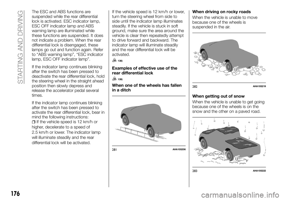 FIAT FULLBACK 2017 Owner handbook (in English) The ESC and ABS functions are
suspended while the rear differential
lock is activated. ESC indicator lamp,
ESC OFF indicator lamp and ABS
warning lamp are illuminated while
these functions are suspend FIAT FULLBACK 2017 Owner handbook (in English) The ESC and ABS functions are
suspended while the rear differential
lock is activated. ESC indicator lamp,
ESC OFF indicator lamp and ABS
warning lamp are illuminated while
these functions are suspend