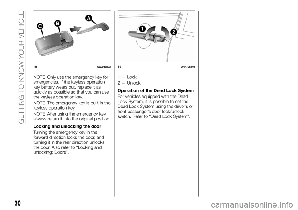 FIAT FULLBACK 2017 Owner handbook (in English) NOTE Only use the emergency key for
emergencies. If the keyless operation
key battery wears out, replace it as
quickly as possible so that you can use
the keyless operation key.
NOTE The emergency key FIAT FULLBACK 2017 Owner handbook (in English) NOTE Only use the emergency key for
emergencies. If the keyless operation
key battery wears out, replace it as
quickly as possible so that you can use
the keyless operation key.
NOTE The emergency key