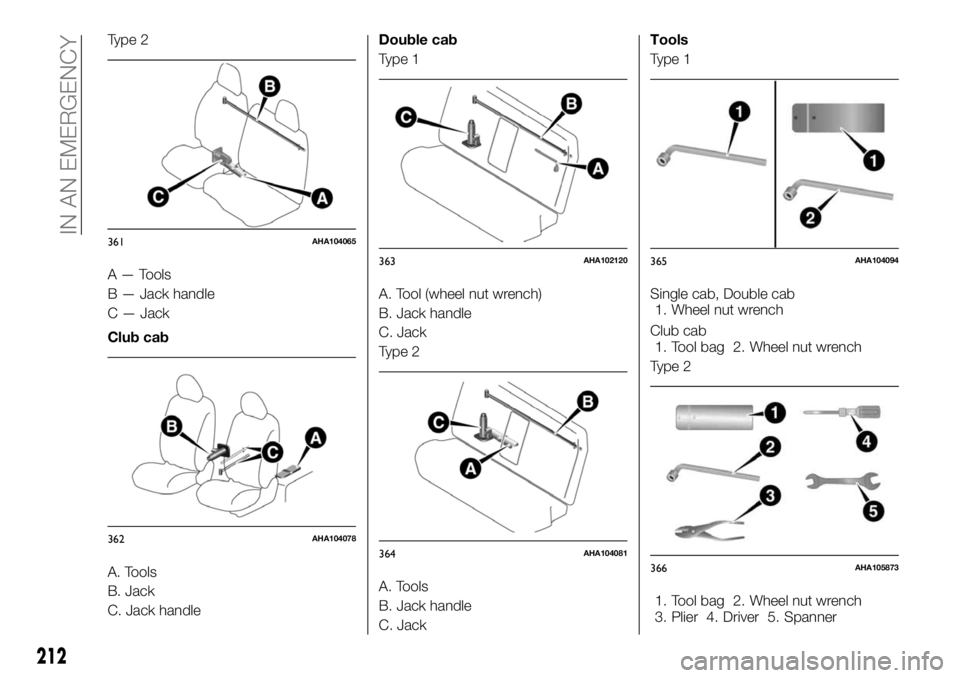 FIAT FULLBACK 2017 Owner handbook (in English) Type 2
A — Tools
B — Jack handle
C — Jack
Club cab
A. Tools
B. Jack
C. Jack handleDouble cab
Type 1
A. Tool (wheel nut wrench)
B. Jack handle
C. Jack
Type 2
A. Tools
B. Jack handle
C. JackTools
FIAT FULLBACK 2017 Owner handbook (in English) Type 2
A — Tools
B — Jack handle
C — Jack
Club cab
A. Tools
B. Jack
C. Jack handleDouble cab
Type 1
A. Tool (wheel nut wrench)
B. Jack handle
C. Jack
Type 2
A. Tools
B. Jack handle
C. JackTools