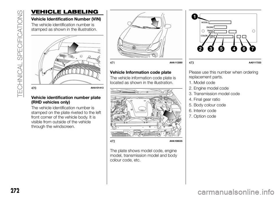 FIAT FULLBACK 2017  Owner handbook (in English) VEHICLE LABELING
Vehicle Identification Number (VIN)
The vehicle identification number is
stamped as shown in the illustration.
Vehicle identification number plate
(RHD vehicles only)
The vehicle iden