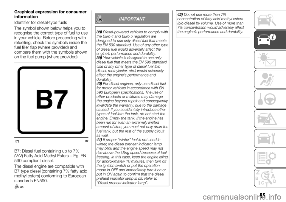 FIAT FULLBACK 2017 Owner handbook (in English) Graphical expression for consumer
information
Identifier for diesel-type fuels
The symbol shown below helps you to
recognise the correct type of fuel to use
in your vehicle. Before proceeding with
ref FIAT FULLBACK 2017 Owner handbook (in English) Graphical expression for consumer
information
Identifier for diesel-type fuels
The symbol shown below helps you to
recognise the correct type of fuel to use
in your vehicle. Before proceeding with
ref
