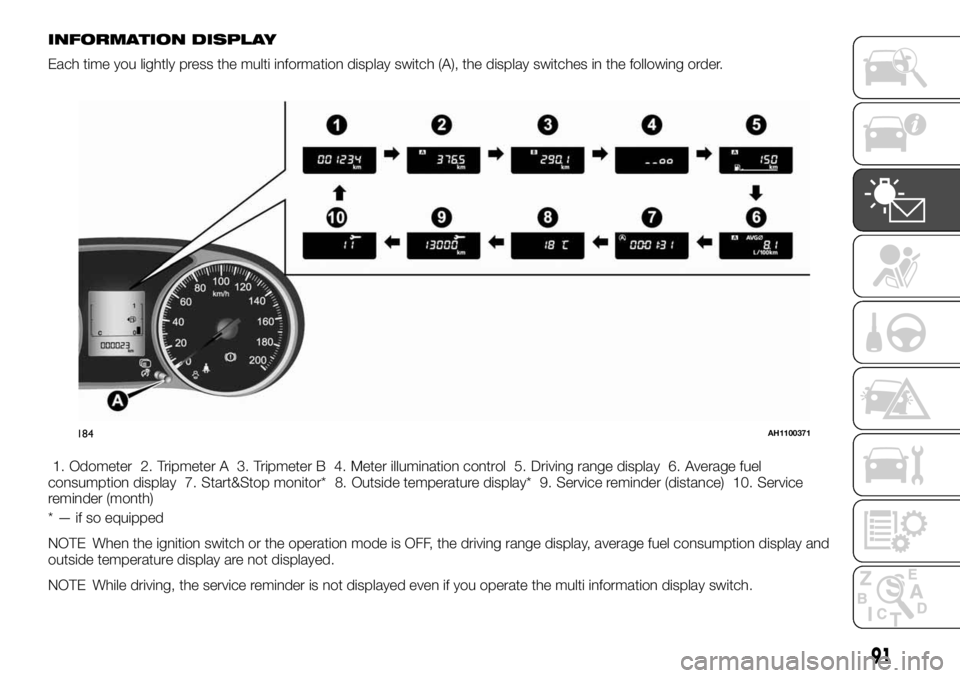 FIAT FULLBACK 2017 Owner handbook (in English) INFORMATION DISPLAY
Each time you lightly press the multi information display switch (A), the display switches in the following order.
1. Odometer 2. Tripmeter A 3. Tripmeter B 4. Meter illumination c FIAT FULLBACK 2017 Owner handbook (in English) INFORMATION DISPLAY
Each time you lightly press the multi information display switch (A), the display switches in the following order.
1. Odometer 2. Tripmeter A 3. Tripmeter B 4. Meter illumination c