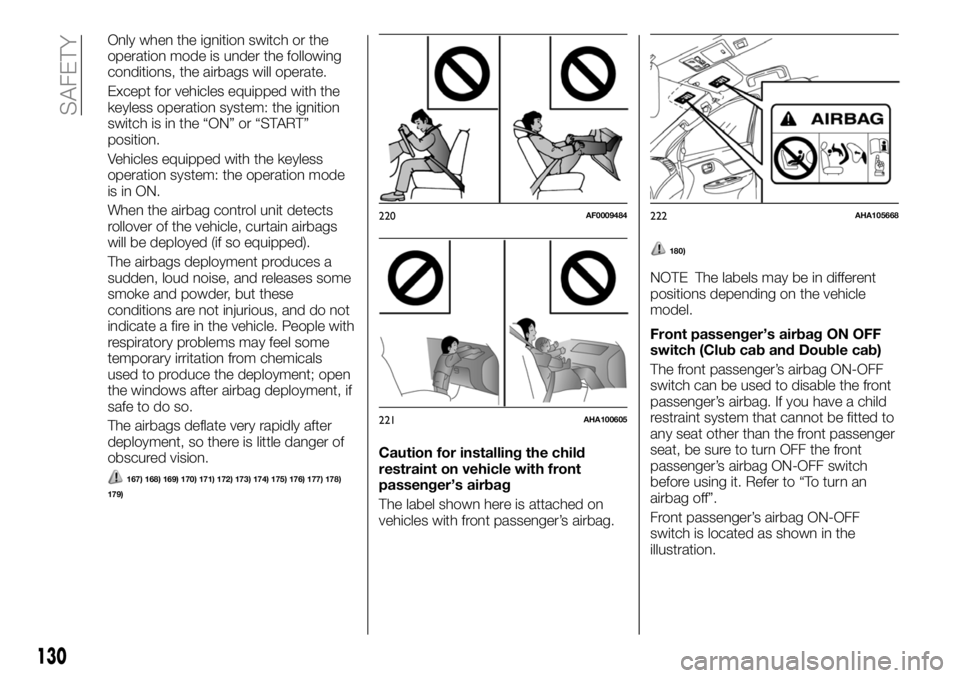 FIAT FULLBACK 2018 Owner handbook (in English) Only when the ignition switch or the
operation mode is under the following
conditions, the airbags will operate.
Except for vehicles equipped with the
keyless operation system: the ignition
switch is FIAT FULLBACK 2018 Owner handbook (in English) Only when the ignition switch or the
operation mode is under the following
conditions, the airbags will operate.
Except for vehicles equipped with the
keyless operation system: the ignition
switch is