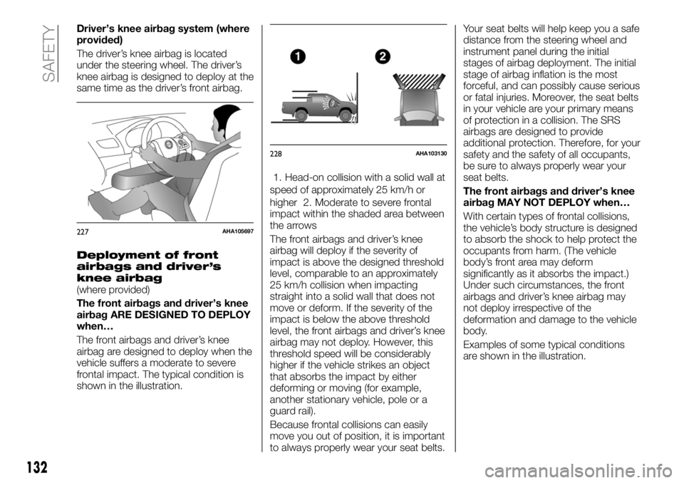 FIAT FULLBACK 2018  Owner handbook (in English) Driver’s knee airbag system (where
provided)
The driver’s knee airbag is located
under the steering wheel. The driver’s
knee airbag is designed to deploy at the
same time as the driver’s front