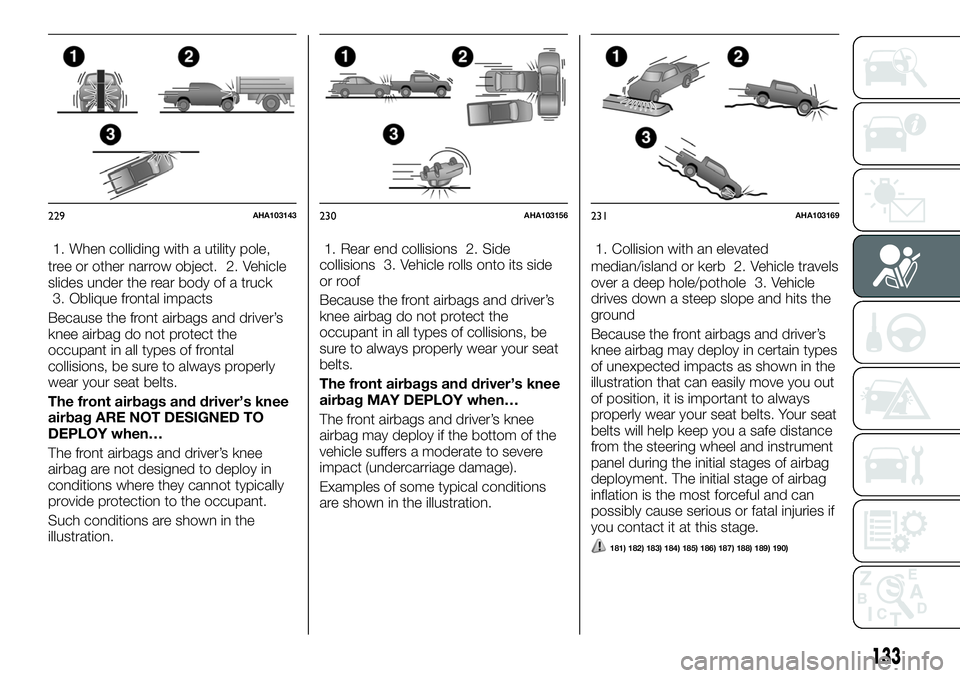 FIAT FULLBACK 2018 Owner handbook (in English) 1. When colliding with a utility pole,
tree or other narrow object. 2. Vehicle
slides under the rear body of a truck
3. Oblique frontal impacts
Because the front airbags and driver’s
knee airbag do FIAT FULLBACK 2018 Owner handbook (in English) 1. When colliding with a utility pole,
tree or other narrow object. 2. Vehicle
slides under the rear body of a truck
3. Oblique frontal impacts
Because the front airbags and driver’s
knee airbag do