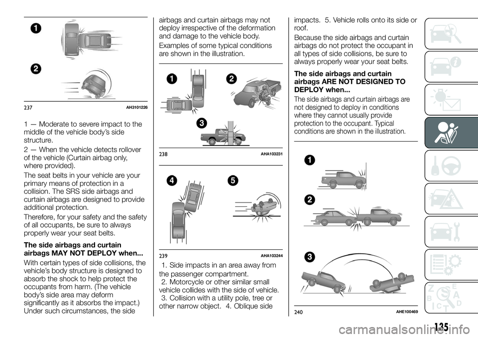 FIAT FULLBACK 2018 Owner handbook (in English) 1 — Moderate to severe impact to the
middle of the vehicle body’s side
structure.
2 — When the vehicle detects rollover
of the vehicle (Curtain airbag only,
where provided).
The seat belts in yo FIAT FULLBACK 2018 Owner handbook (in English) 1 — Moderate to severe impact to the
middle of the vehicle body’s side
structure.
2 — When the vehicle detects rollover
of the vehicle (Curtain airbag only,
where provided).
The seat belts in yo