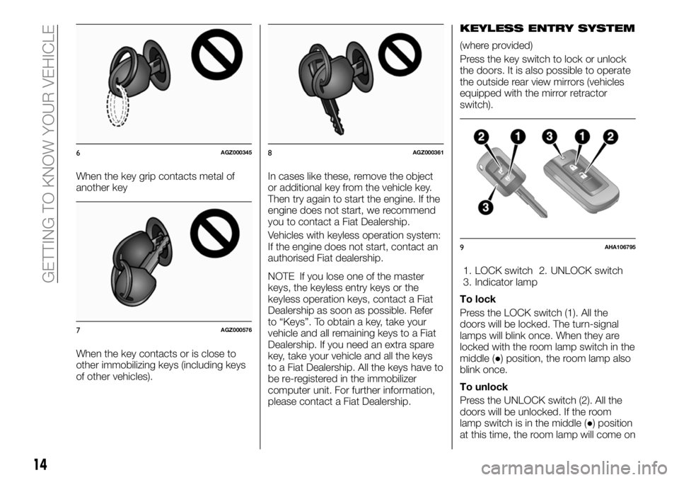 FIAT FULLBACK 2018 Owner handbook (in English) When the key grip contacts metal of
another key
When the key contacts or is close to
other immobilizing keys (including keys
of other vehicles).In cases like these, remove the object
or additional key FIAT FULLBACK 2018 Owner handbook (in English) When the key grip contacts metal of
another key
When the key contacts or is close to
other immobilizing keys (including keys
of other vehicles).In cases like these, remove the object
or additional key