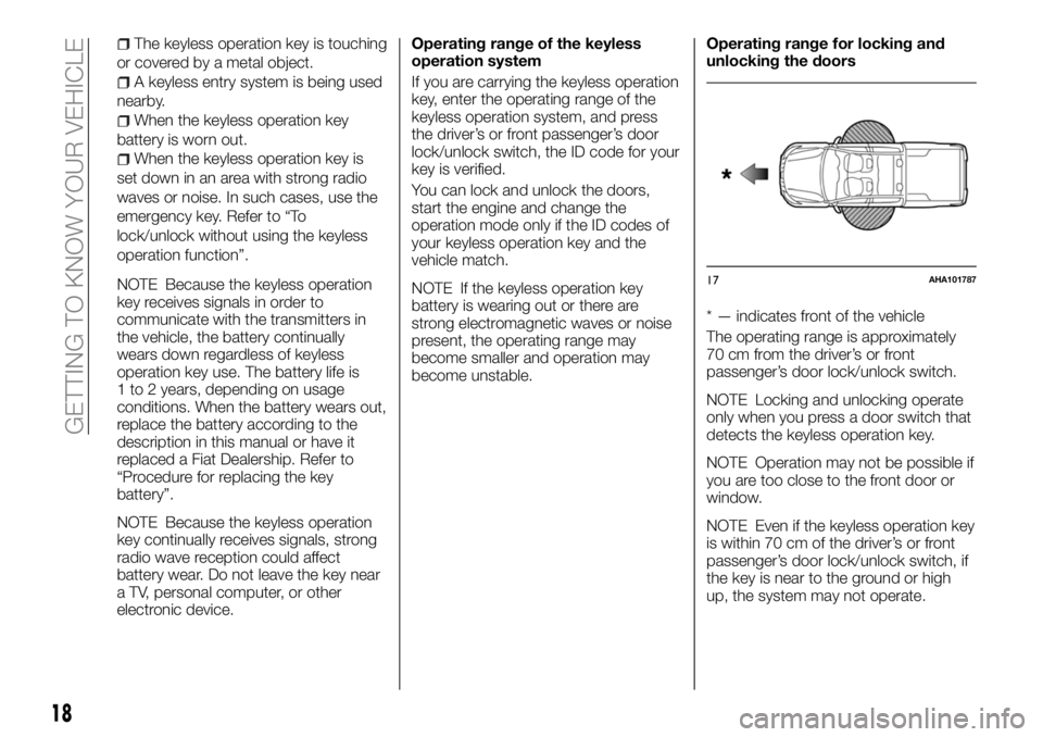 FIAT FULLBACK 2018 Owner handbook (in English) The keyless operation key is touching
or covered by a metal object.
A keyless entry system is being used
nearby.
When the keyless operation key
battery is worn out.
When the keyless operation key is
s FIAT FULLBACK 2018 Owner handbook (in English) The keyless operation key is touching
or covered by a metal object.
A keyless entry system is being used
nearby.
When the keyless operation key
battery is worn out.
When the keyless operation key is
s