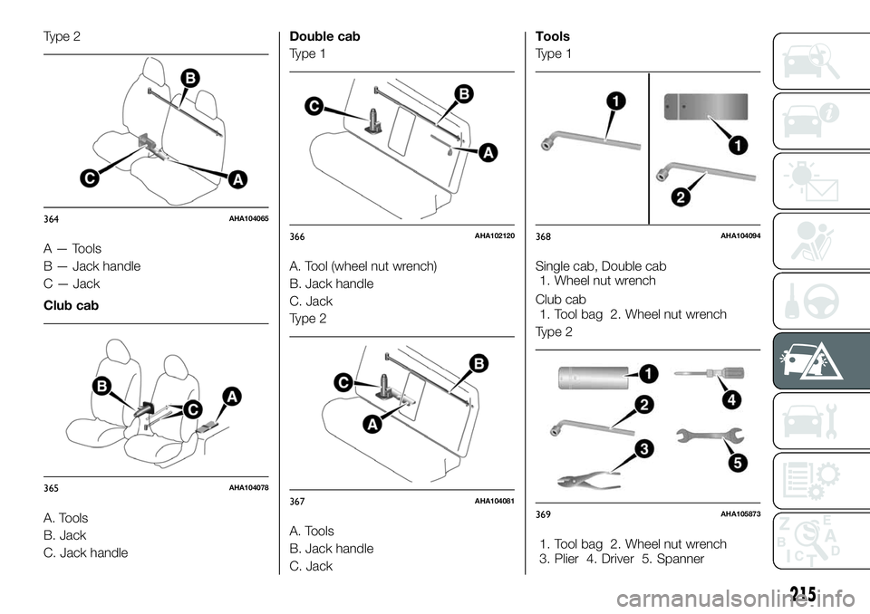 FIAT FULLBACK 2018 Owner handbook (in English) Type 2
A — Tools
B — Jack handle
C — Jack
Club cab
A. Tools
B. Jack
C. Jack handleDouble cab
Type 1
A. Tool (wheel nut wrench)
B. Jack handle
C. Jack
Type 2
A. Tools
B. Jack handle
C. JackTools
FIAT FULLBACK 2018 Owner handbook (in English) Type 2
A — Tools
B — Jack handle
C — Jack
Club cab
A. Tools
B. Jack
C. Jack handleDouble cab
Type 1
A. Tool (wheel nut wrench)
B. Jack handle
C. Jack
Type 2
A. Tools
B. Jack handle
C. JackTools