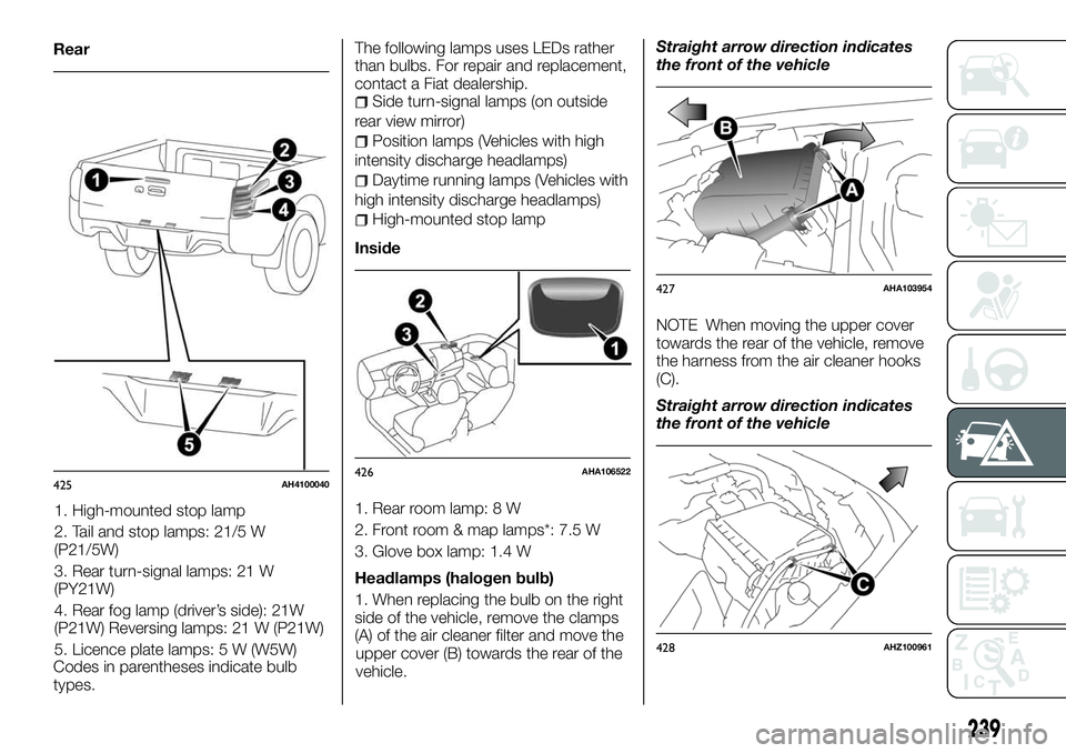 FIAT FULLBACK 2018 Owner handbook (in English) Rear
1. High-mounted stop lamp
2. Tail and stop lamps: 21/5 W
(P21/5W)
3. Rear turn-signal lamps: 21 W
(PY21W)
4. Rear fog lamp (driver’s side): 21W
(P21W) Reversing lamps: 21 W (P21W)
5. Licence pl FIAT FULLBACK 2018 Owner handbook (in English) Rear
1. High-mounted stop lamp
2. Tail and stop lamps: 21/5 W
(P21/5W)
3. Rear turn-signal lamps: 21 W
(PY21W)
4. Rear fog lamp (driver’s side): 21W
(P21W) Reversing lamps: 21 W (P21W)
5. Licence pl