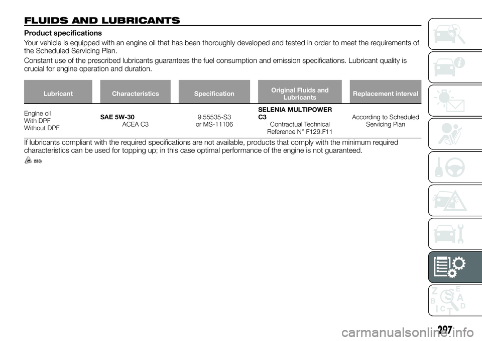 FIAT FULLBACK 2018 Owner handbook (in English) FLUIDS AND LUBRICANTS
Product specifications
Your vehicle is equipped with an engine oil that has been thoroughly developed and tested in order to meet the requirements of
the Scheduled Servicing Plan FIAT FULLBACK 2018 Owner handbook (in English) FLUIDS AND LUBRICANTS
Product specifications
Your vehicle is equipped with an engine oil that has been thoroughly developed and tested in order to meet the requirements of
the Scheduled Servicing Plan