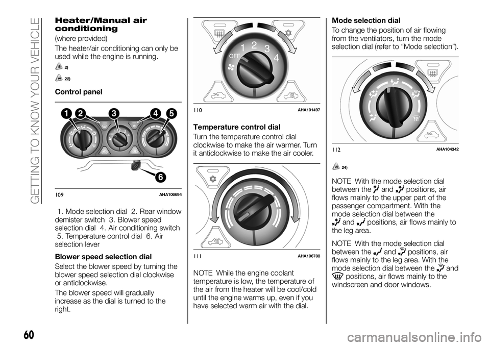 FIAT FULLBACK 2018  Owner handbook (in English) Heater/Manual air
conditioning
(where provided)
The heater/air conditioning can only be
used while the engine is running.
2)
22)
Control panel
1. Mode selection dial 2. Rear window
demister switch 3. 