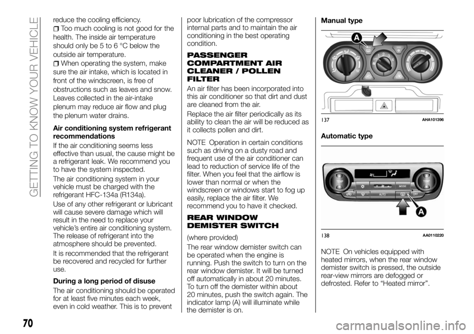 FIAT FULLBACK 2018  Owner handbook (in English) reduce the cooling efficiency.
Too much cooling is not good for the
health. The inside air temperature
should only be 5 to 6 °C below the
outside air temperature.
When operating the system, make
sure