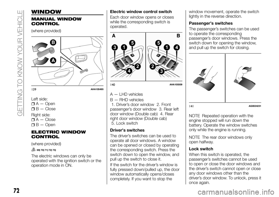 FIAT FULLBACK 2018 Owner handbook (in English) WINDOW
MANUAL WINDOW
CONTROL
(where provided)
Left side:
A — Open
B — Close
Right side:
A — Close
B — Open
ELECTRIC WINDOW
CONTROL
(where provided)
69) 70) 71) 72) 73)
The electric windows can FIAT FULLBACK 2018 Owner handbook (in English) WINDOW
MANUAL WINDOW
CONTROL
(where provided)
Left side:
A — Open
B — Close
Right side:
A — Close
B — Open
ELECTRIC WINDOW
CONTROL
(where provided)
69) 70) 71) 72) 73)
The electric windows can