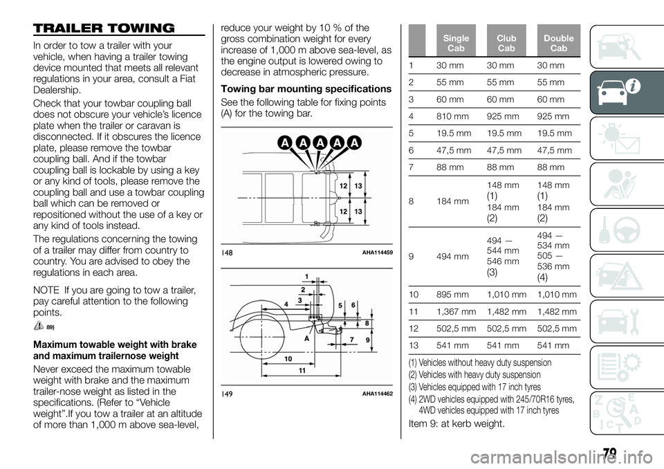 FIAT FULLBACK 2018 Owner handbook (in English) TRAILER TOWING
In order to tow a trailer with your
vehicle, when having a trailer towing
device mounted that meets all relevant
regulations in your area, consult a Fiat
Dealership.
Check that your tow FIAT FULLBACK 2018 Owner handbook (in English) TRAILER TOWING
In order to tow a trailer with your
vehicle, when having a trailer towing
device mounted that meets all relevant
regulations in your area, consult a Fiat
Dealership.
Check that your tow