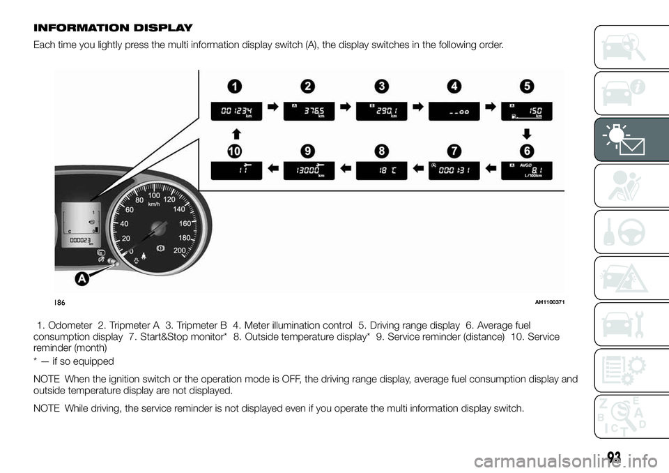 FIAT FULLBACK 2018 Owner handbook (in English) INFORMATION DISPLAY
Each time you lightly press the multi information display switch (A), the display switches in the following order.
1. Odometer 2. Tripmeter A 3. Tripmeter B 4. Meter illumination c FIAT FULLBACK 2018 Owner handbook (in English) INFORMATION DISPLAY
Each time you lightly press the multi information display switch (A), the display switches in the following order.
1. Odometer 2. Tripmeter A 3. Tripmeter B 4. Meter illumination c