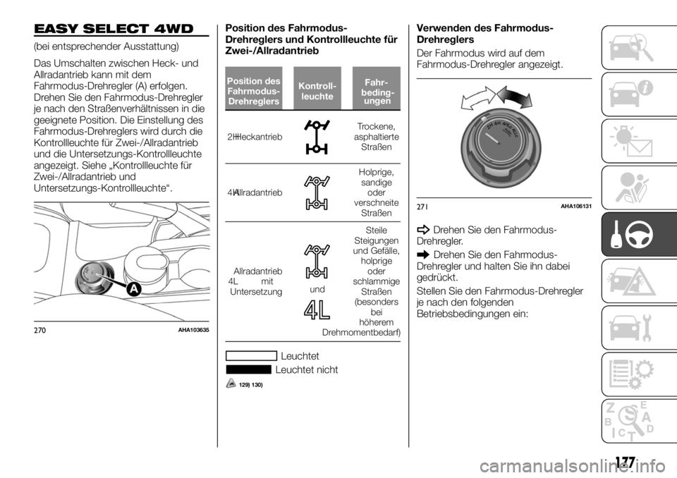 FIAT FULLBACK 2017  Betriebsanleitung (in German) EASY SELECT 4WD
(bei entsprechender Ausstattung)
Das Umschalten zwischen Heck- und
Allradantrieb kann mit dem
Fahrmodus-Drehregler (A) erfolgen.
Drehen Sie den Fahrmodus-Drehregler
je nach den Straße