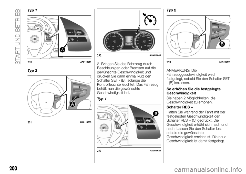 FIAT FULLBACK 2017  Betriebsanleitung (in German) Typ 1
Typ 22. Bringen Sie das Fahrzeug durch
Beschleunigen oder Bremsen auf die
gewünschte Geschwindigkeit und
drücken Sie dann einmal kurz den
Schalter SET - (B), solange die
Kontrollleuchte leucht