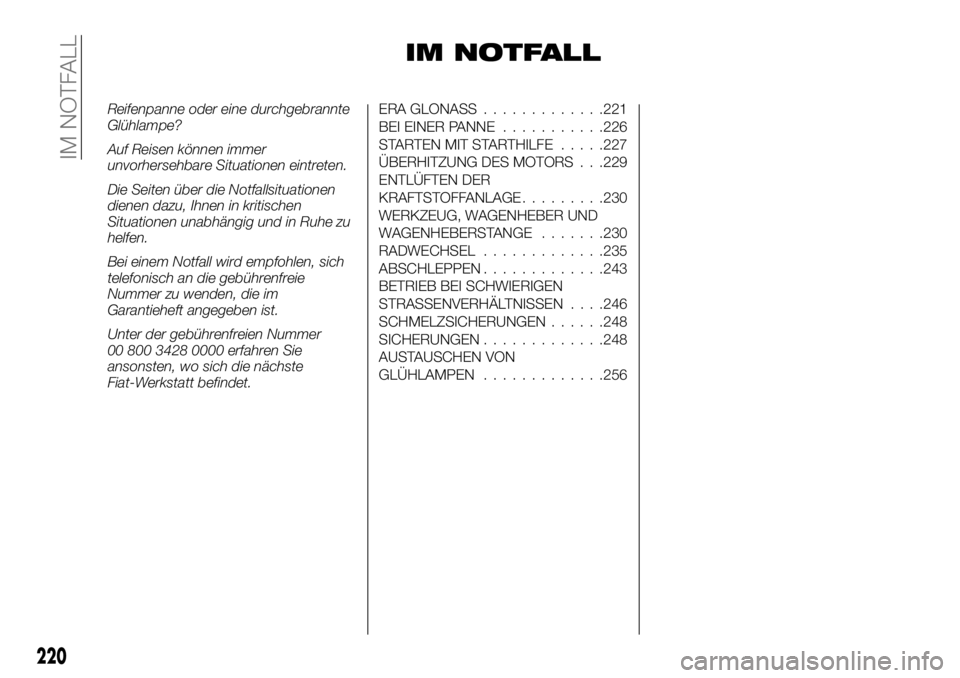 FIAT FULLBACK 2017  Betriebsanleitung (in German) IM NOTFALL
Reifenpanne oder eine durchgebrannte
Glühlampe?
Auf Reisen können immer
unvorhersehbare Situationen eintreten.
Die Seiten über die Notfallsituationen
dienen dazu, Ihnen in kritischen
Sit