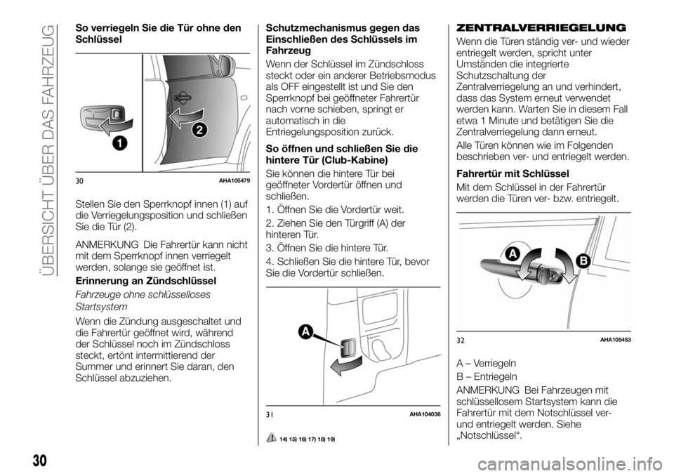 FIAT FULLBACK 2017 Betriebsanleitung (in German) So verriegeln Sie die Tür ohne den
Schlüssel
Stellen Sie den Sperrknopf innen (1) auf
die Verriegelungsposition und schließen
Sie die Tür (2).
ANMERKUNG Die Fahrertür kann nicht
mit dem Sperrknop FIAT FULLBACK 2017 Betriebsanleitung (in German) So verriegeln Sie die Tür ohne den
Schlüssel
Stellen Sie den Sperrknopf innen (1) auf
die Verriegelungsposition und schließen
Sie die Tür (2).
ANMERKUNG Die Fahrertür kann nicht
mit dem Sperrknop