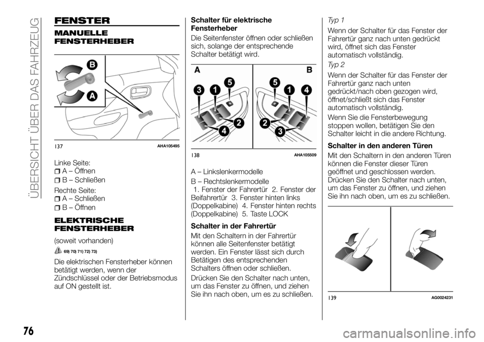 FIAT FULLBACK 2017 Betriebsanleitung (in German) FENSTER
MANUELLE
FENSTERHEBER
Linke Seite:A – Öffnen
B – Schließen
Rechte Seite:
A – Schließen
B – Öffnen
ELEKTRISCHE
FENSTERHEBER
(soweit vorhanden)
69) 70) 71) 72) 73)
Die elektrischen F FIAT FULLBACK 2017 Betriebsanleitung (in German) FENSTER
MANUELLE
FENSTERHEBER
Linke Seite:A – Öffnen
B – Schließen
Rechte Seite:
A – Schließen
B – Öffnen
ELEKTRISCHE
FENSTERHEBER
(soweit vorhanden)
69) 70) 71) 72) 73)
Die elektrischen F
