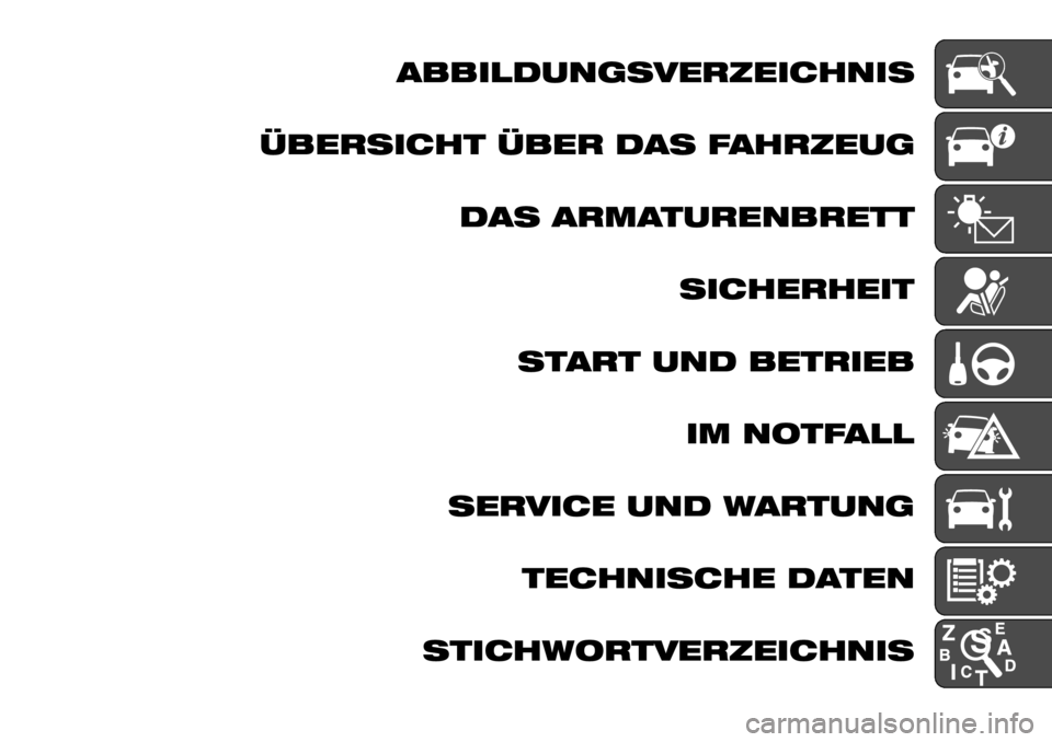 FIAT FULLBACK 2017 Betriebsanleitung (in German) ABBILDUNGSVERZEICHNIS
ÜBERSICHT ÜBER DAS FAHRZEUG
DAS ARMATURENBRETT
SICHERHEIT
START UND BETRIEB
IM NOTFALL
SERVICE UND WARTUNG
TECHNISCHE DATEN
STICHWORTVERZEICHNIS FIAT FULLBACK 2017 Betriebsanleitung (in German) ABBILDUNGSVERZEICHNIS
ÜBERSICHT ÜBER DAS FAHRZEUG
DAS ARMATURENBRETT
SICHERHEIT
START UND BETRIEB
IM NOTFALL
SERVICE UND WARTUNG
TECHNISCHE DATEN
STICHWORTVERZEICHNIS