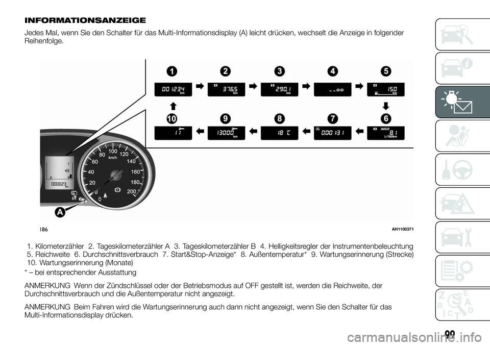 FIAT FULLBACK 2018 Betriebsanleitung (in German) INFORMATIONSANZEIGE
Jedes Mal, wenn Sie den Schalter für das Multi-Informationsdisplay (A) leicht drücken, wechselt die Anzeige in folgender
Reihenfolge.
1. Kilometerzähler 2. Tageskilometerzähler FIAT FULLBACK 2018 Betriebsanleitung (in German) INFORMATIONSANZEIGE
Jedes Mal, wenn Sie den Schalter für das Multi-Informationsdisplay (A) leicht drücken, wechselt die Anzeige in folgender
Reihenfolge.
1. Kilometerzähler 2. Tageskilometerzähler