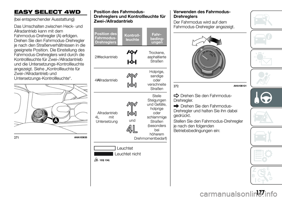 FIAT FULLBACK 2018  Betriebsanleitung (in German) EASY SELECT 4WD
(bei entsprechender Ausstattung)
Das Umschalten zwischen Heck- und
Allradantrieb kann mit dem
Fahrmodus-Drehregler (A) erfolgen.
Drehen Sie den Fahrmodus-Drehregler
je nach den Straße