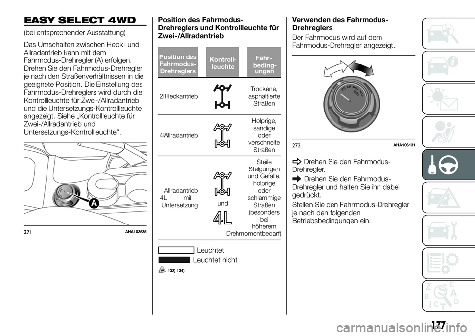 FIAT FULLBACK 2018 Betriebsanleitung (in German) EASY SELECT 4WD
(bei entsprechender Ausstattung)
Das Umschalten zwischen Heck- und
Allradantrieb kann mit dem
Fahrmodus-Drehregler (A) erfolgen.
Drehen Sie den Fahrmodus-Drehregler
je nach den Straße FIAT FULLBACK 2018 Betriebsanleitung (in German) EASY SELECT 4WD
(bei entsprechender Ausstattung)
Das Umschalten zwischen Heck- und
Allradantrieb kann mit dem
Fahrmodus-Drehregler (A) erfolgen.
Drehen Sie den Fahrmodus-Drehregler
je nach den Straße