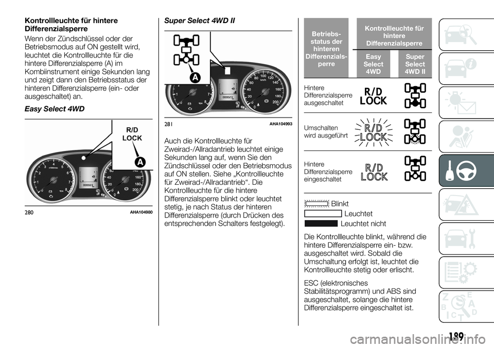 FIAT FULLBACK 2018 Betriebsanleitung (in German) Kontrollleuchte für hintere
Differenzialsperre
Wenn der Zündschlüssel oder der
Betriebsmodus auf ON gestellt wird,
leuchtet die Kontrollleuchte für die
hintere Differenzialsperre (A) im
Kombiinstr FIAT FULLBACK 2018 Betriebsanleitung (in German) Kontrollleuchte für hintere
Differenzialsperre
Wenn der Zündschlüssel oder der
Betriebsmodus auf ON gestellt wird,
leuchtet die Kontrollleuchte für die
hintere Differenzialsperre (A) im
Kombiinstr