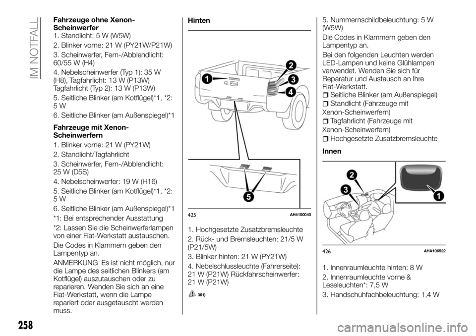 FIAT FULLBACK 2018 Betriebsanleitung (in German) Fahrzeuge ohne Xenon-
Scheinwerfer
1. Standlicht: 5 W (W5W)
2. Blinker vorne: 21 W (PY21W/P21W)
3. Scheinwerfer, Fern-/Abblendlicht:
60/55 W (H4)
4. Nebelscheinwerfer (Typ 1): 35 W
(H8), Tagfahrlicht: FIAT FULLBACK 2018 Betriebsanleitung (in German) Fahrzeuge ohne Xenon-
Scheinwerfer
1. Standlicht: 5 W (W5W)
2. Blinker vorne: 21 W (PY21W/P21W)
3. Scheinwerfer, Fern-/Abblendlicht:
60/55 W (H4)
4. Nebelscheinwerfer (Typ 1): 35 W
(H8), Tagfahrlicht: