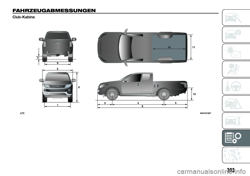 FIAT FULLBACK 2018  Betriebsanleitung (in German) FAHRZEUGABMESSUNGEN
Club-Kabine
479AH5101927
303 