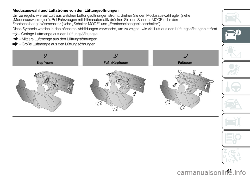 FIAT FULLBACK 2018 Betriebsanleitung (in German) Modusauswahl und Luftströme von den Lüftungsöffnungen
Um zu regeln, wie viel Luft aus welchen Lüftungsöffnungen strömt, drehen Sie den Modusauswahlregler (siehe
„Modusauswahlregler“). Bei Fa FIAT FULLBACK 2018 Betriebsanleitung (in German) Modusauswahl und Luftströme von den Lüftungsöffnungen
Um zu regeln, wie viel Luft aus welchen Lüftungsöffnungen strömt, drehen Sie den Modusauswahlregler (siehe
„Modusauswahlregler“). Bei Fa