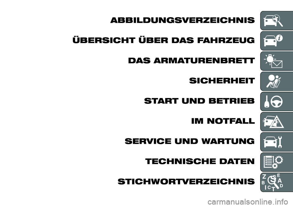 FIAT FULLBACK 2018 Betriebsanleitung (in German) ABBILDUNGSVERZEICHNIS
ÜBERSICHT ÜBER DAS FAHRZEUG
DAS ARMATURENBRETT
SICHERHEIT
START UND BETRIEB
IM NOTFALL
SERVICE UND WARTUNG
TECHNISCHE DATEN
STICHWORTVERZEICHNIS FIAT FULLBACK 2018 Betriebsanleitung (in German) ABBILDUNGSVERZEICHNIS
ÜBERSICHT ÜBER DAS FAHRZEUG
DAS ARMATURENBRETT
SICHERHEIT
START UND BETRIEB
IM NOTFALL
SERVICE UND WARTUNG
TECHNISCHE DATEN
STICHWORTVERZEICHNIS