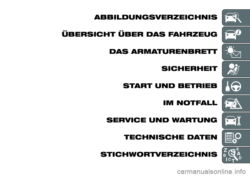 FIAT FULLBACK 2018  Betriebsanleitung (in German) ABBILDUNGSVERZEICHNIS
ÜBERSICHT ÜBER DAS FAHRZEUG
DAS ARMATURENBRETT
SICHERHEIT
START UND BETRIEB
IM NOTFALL
SERVICE UND WARTUNG
TECHNISCHE DATEN
STICHWORTVERZEICHNIS 