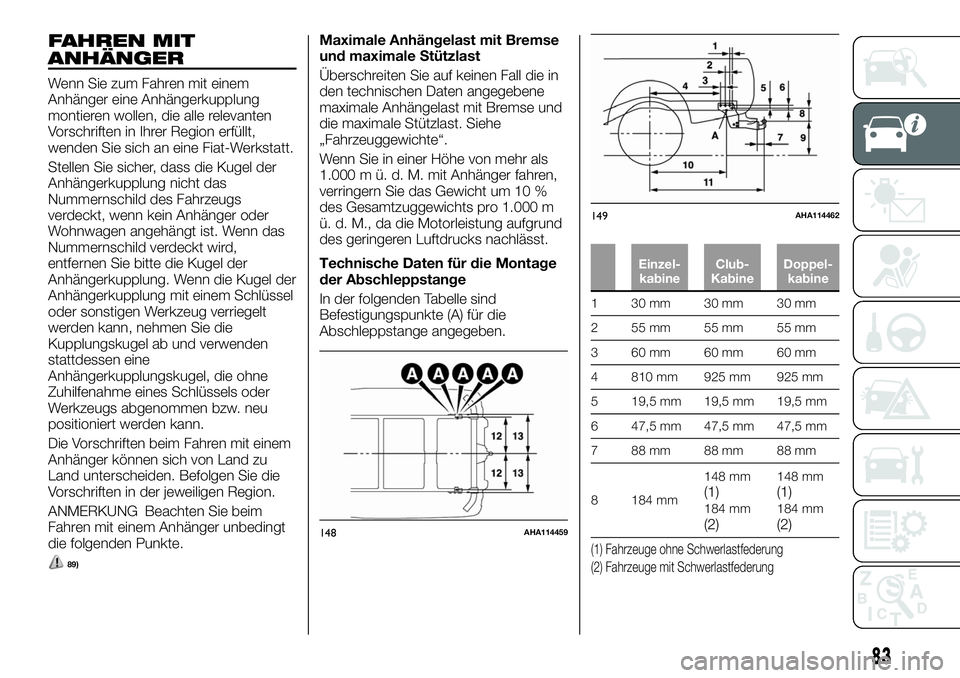 FIAT FULLBACK 2018 Betriebsanleitung (in German) FAHREN MIT
ANHÄNGER
Wenn Sie zum Fahren mit einem
Anhänger eine Anhängerkupplung
montieren wollen, die alle relevanten
Vorschriften in Ihrer Region erfüllt,
wenden Sie sich an eine Fiat-Werkstatt. FIAT FULLBACK 2018 Betriebsanleitung (in German) FAHREN MIT
ANHÄNGER
Wenn Sie zum Fahren mit einem
Anhänger eine Anhängerkupplung
montieren wollen, die alle relevanten
Vorschriften in Ihrer Region erfüllt,
wenden Sie sich an eine Fiat-Werkstatt.