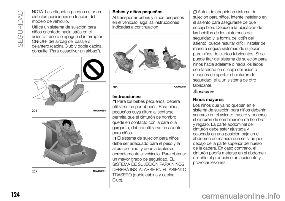 FIAT FULLBACK 2017  Manual de Empleo y Cuidado (in Spanish) NOTA Las etiquetas pueden estar en
distintas posiciones en función del
modelo de vehículo.
Utilice un sistema de sujeción para
niños orientado hacia atrás en el
asiento trasero o apague el interr