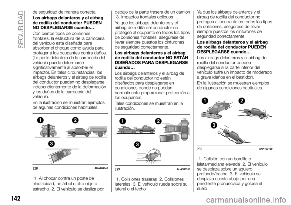 FIAT FULLBACK 2017 Manual de Empleo y Cuidado (in Spanish) de seguridad de manera correcta.
Los airbags delanteros y el airbag
de rodilla del conductor PUEDEN
NO DESPLEGARSE cuando…
Con ciertos tipos de colisiones
frontales, la estructura de la carrocería
FIAT FULLBACK 2017 Manual de Empleo y Cuidado (in Spanish) de seguridad de manera correcta.
Los airbags delanteros y el airbag
de rodilla del conductor PUEDEN
NO DESPLEGARSE cuando…
Con ciertos tipos de colisiones
frontales, la estructura de la carrocería