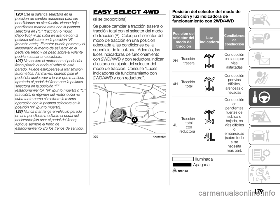 FIAT FULLBACK 2017 Manual de Empleo y Cuidado (in Spanish) 126)Use la palanca selectora en la
posición de cambio adecuada para las
condiciones de circulación. Nunca baje
pendientes marcha atrás con la palanca
selectora en {“D” (tracción) o modo
deport FIAT FULLBACK 2017 Manual de Empleo y Cuidado (in Spanish) 126)Use la palanca selectora en la
posición de cambio adecuada para las
condiciones de circulación. Nunca baje
pendientes marcha atrás con la palanca
selectora en {“D” (tracción) o modo
deport
