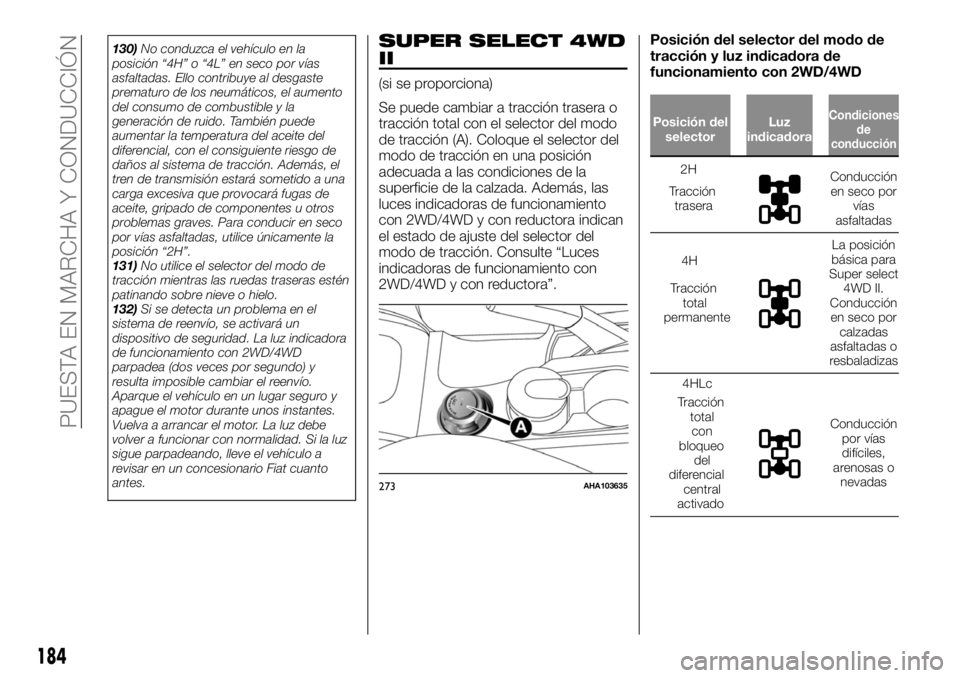 FIAT FULLBACK 2017 Manual de Empleo y Cuidado (in Spanish) 130)No conduzca el vehículo en la
posición “4H” o “4L” en seco por vías
asfaltadas. Ello contribuye al desgaste
prematuro de los neumáticos, el aumento
del consumo de combustible y la
gene FIAT FULLBACK 2017 Manual de Empleo y Cuidado (in Spanish) 130)No conduzca el vehículo en la
posición “4H” o “4L” en seco por vías
asfaltadas. Ello contribuye al desgaste
prematuro de los neumáticos, el aumento
del consumo de combustible y la
gene