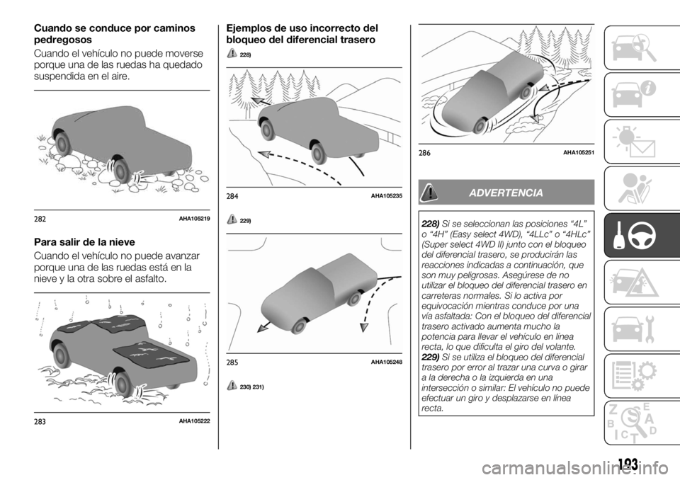 FIAT FULLBACK 2017 Manual de Empleo y Cuidado (in Spanish) Cuando se conduce por caminos
pedregosos
Cuando el vehículo no puede moverse
porque una de las ruedas ha quedado
suspendida en el aire.
Para salir de la nieve
Cuando el vehículo no puede avanzar
por FIAT FULLBACK 2017 Manual de Empleo y Cuidado (in Spanish) Cuando se conduce por caminos
pedregosos
Cuando el vehículo no puede moverse
porque una de las ruedas ha quedado
suspendida en el aire.
Para salir de la nieve
Cuando el vehículo no puede avanzar
por