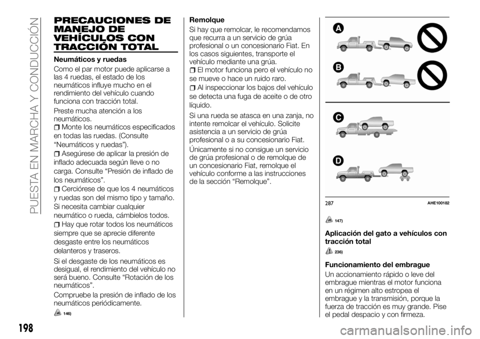 FIAT FULLBACK 2017 Manual de Empleo y Cuidado (in Spanish) PRECAUCIONES DE
MANEJO DE
VEHÍCULOS CON
TRACCIÓN TOTAL
Neumáticos y ruedas
Como el par motor puede aplicarse a
las 4 ruedas, el estado de los
neumáticos influye mucho en el
rendimiento del vehícu FIAT FULLBACK 2017 Manual de Empleo y Cuidado (in Spanish) PRECAUCIONES DE
MANEJO DE
VEHÍCULOS CON
TRACCIÓN TOTAL
Neumáticos y ruedas
Como el par motor puede aplicarse a
las 4 ruedas, el estado de los
neumáticos influye mucho en el
rendimiento del vehícu