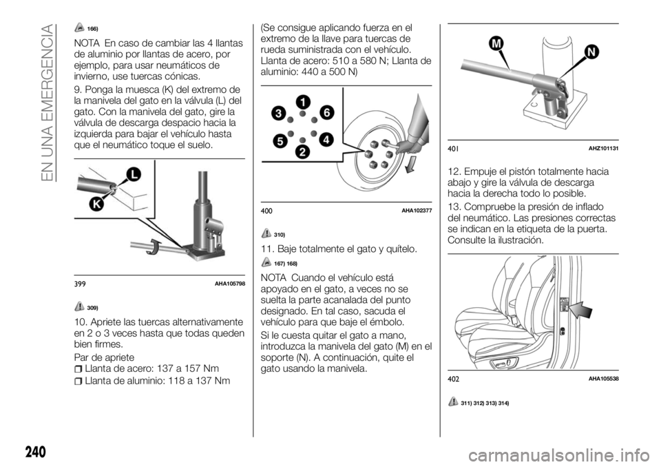 FIAT FULLBACK 2017  Manual de Empleo y Cuidado (in Spanish) 166)
NOTA En caso de cambiar las 4 llantas
de aluminio por llantas de acero, por
ejemplo, para usar neumáticos de
invierno, use tuercas cónicas.
9. Ponga la muesca (K) del extremo de
la manivela del
