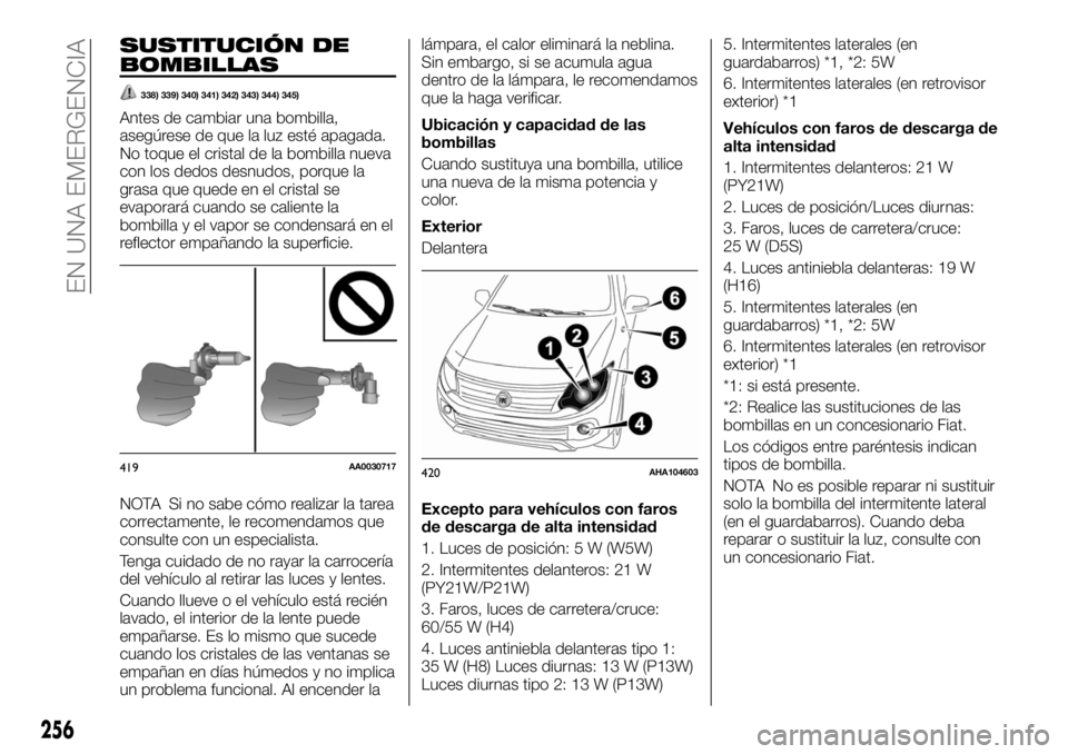 FIAT FULLBACK 2017 Manual de Empleo y Cuidado (in Spanish) SUSTITUCIÓN DE
BOMBILLAS
338) 339) 340) 341) 342) 343) 344) 345)
Antes de cambiar una bombilla,
asegúrese de que la luz esté apagada.
No toque el cristal de la bombilla nueva
con los dedos desnudos FIAT FULLBACK 2017 Manual de Empleo y Cuidado (in Spanish) SUSTITUCIÓN DE
BOMBILLAS
338) 339) 340) 341) 342) 343) 344) 345)
Antes de cambiar una bombilla,
asegúrese de que la luz esté apagada.
No toque el cristal de la bombilla nueva
con los dedos desnudos