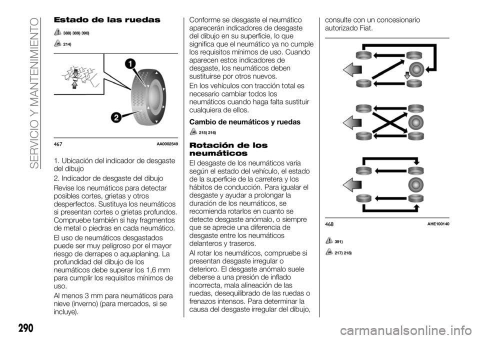 FIAT FULLBACK 2017  Manual de Empleo y Cuidado (in Spanish) Estado de las ruedas
388) 389) 390)
214)
1. Ubicación del indicador de desgaste
del dibujo
2. Indicador de desgaste del dibujo
Revise los neumáticos para detectar
posibles cortes, grietas y otros
de