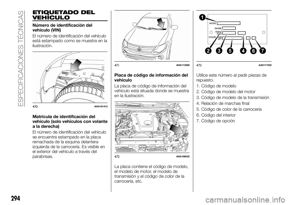 FIAT FULLBACK 2017  Manual de Empleo y Cuidado (in Spanish) ETIQUETADO DEL
VEHÍCULO
Número de identificación del
vehículo (VIN)
El número de identificación del vehículo
está estampado como se muestra en la
ilustración.
Matrícula de identificación de
