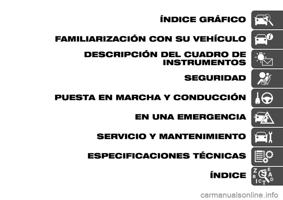 FIAT FULLBACK 2017 Manual de Empleo y Cuidado (in Spanish) ÍNDICE GRÁFICO
FAMILIARIZACIÓN CON SU VEHÍCULO
DESCRIPCIÓN DEL CUADRO DE
INSTRUMENTOS
SEGURIDAD
PUESTA EN MARCHA Y CONDUCCIÓN
EN UNA EMERGENCIA
SERVICIO Y MANTENIMIENTO
ESPECIFICACIONES TÉCNICA FIAT FULLBACK 2017 Manual de Empleo y Cuidado (in Spanish) ÍNDICE GRÁFICO
FAMILIARIZACIÓN CON SU VEHÍCULO
DESCRIPCIÓN DEL CUADRO DE
INSTRUMENTOS
SEGURIDAD
PUESTA EN MARCHA Y CONDUCCIÓN
EN UNA EMERGENCIA
SERVICIO Y MANTENIMIENTO
ESPECIFICACIONES TÉCNICA